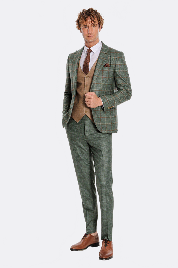 Slim Fit Checked Patterned Green Men Suit - Wessi