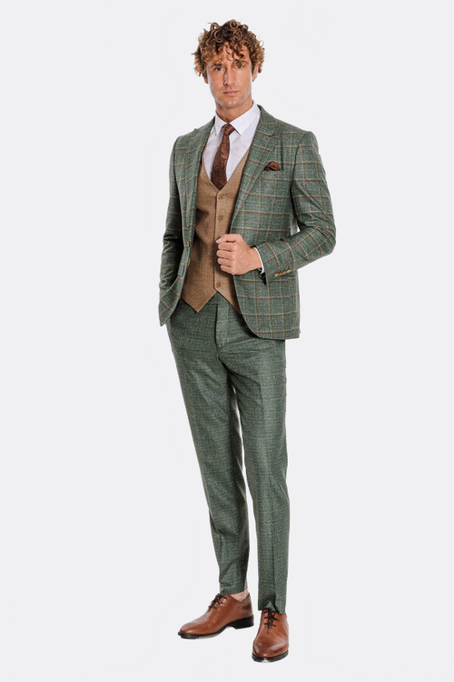 Slim Fit Checked Patterned Green Men Suit - Wessi