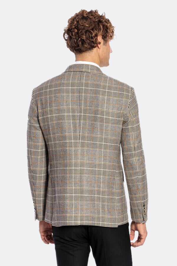 Double Breasted Checked Grey Men Blazer - Wessi