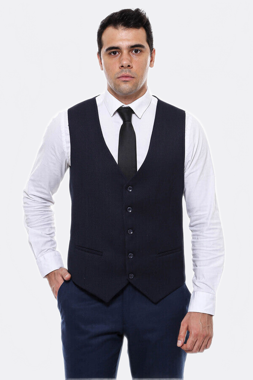Patterned Navy Blue V Neck Vest - Wessi