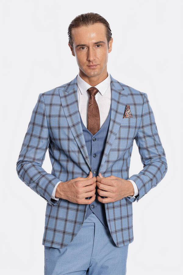 Checked Patterned Slim Fit Blue Men Suit - Wessi