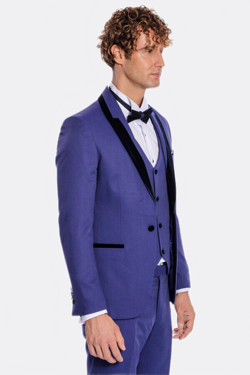Patterned Velvet Lapel Blue Men Tuxedo - Wessi
