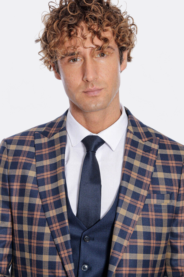 Checked Blazer Slim Fit Navy Blue Men Suit - Wessi