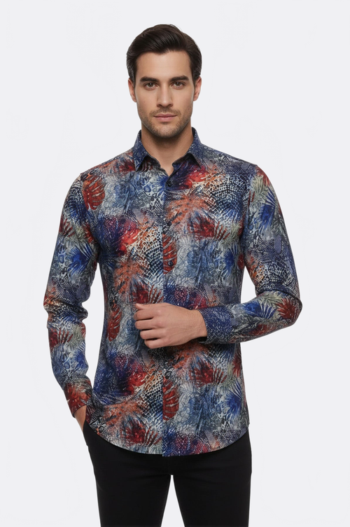 Red Leaf Patterned Navy Blue Men Shirt - Wessi