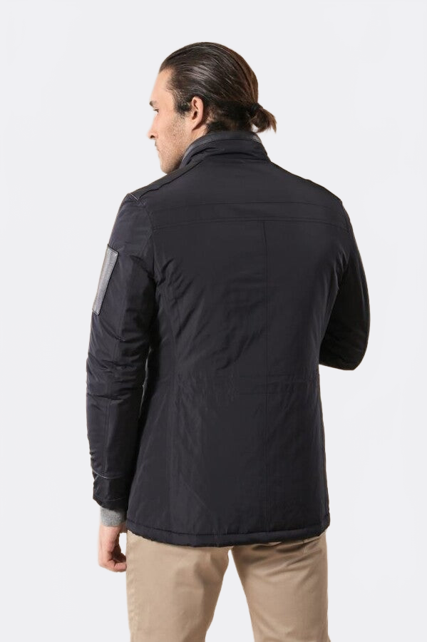 Leather Modeled Navy Blue Slim Fit Quilted Jacket - Wessi