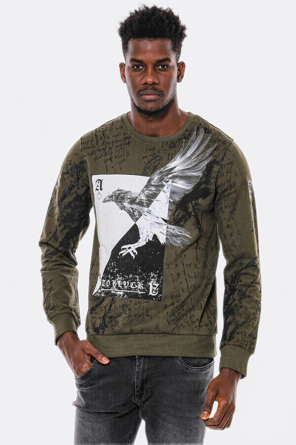Dark Green Patterned Slim Fit Sweatshirt - Wessi
