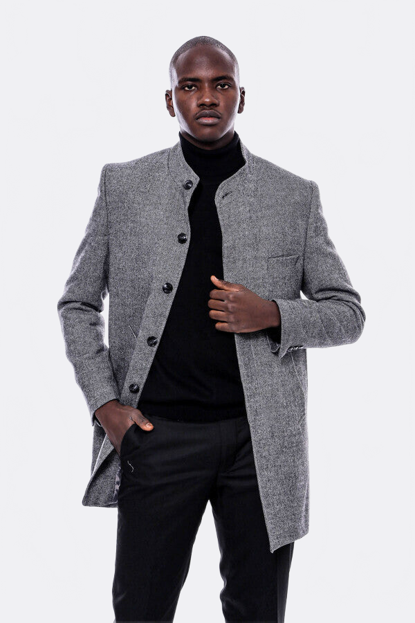 Mandarin Collar Grey Short Coat - Wessi