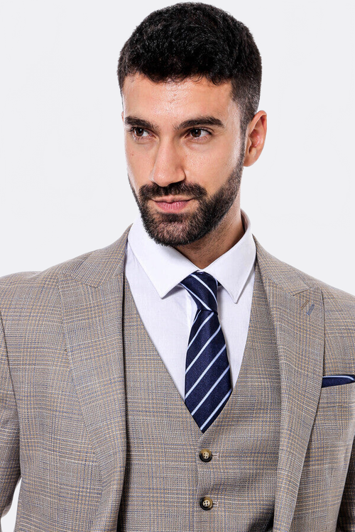 Patterned Vested Slim-Fit Beige Men’s Suit - Wessi