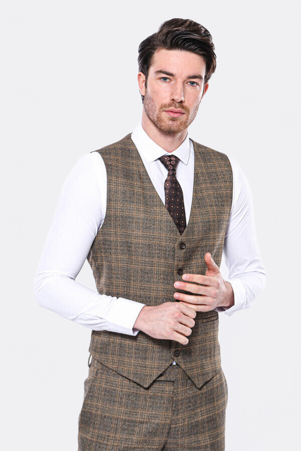 Brown Plaid Men Vest - Wessi