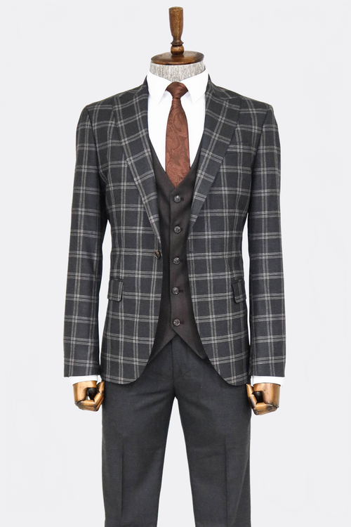 Checked Patterned Slim Fit Black Men Suit - Wessi