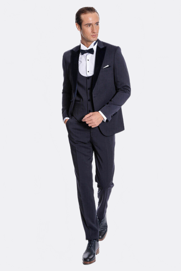 Velvet Lapel Slim Fit Navy Blue Men Tuxedo - Wessi