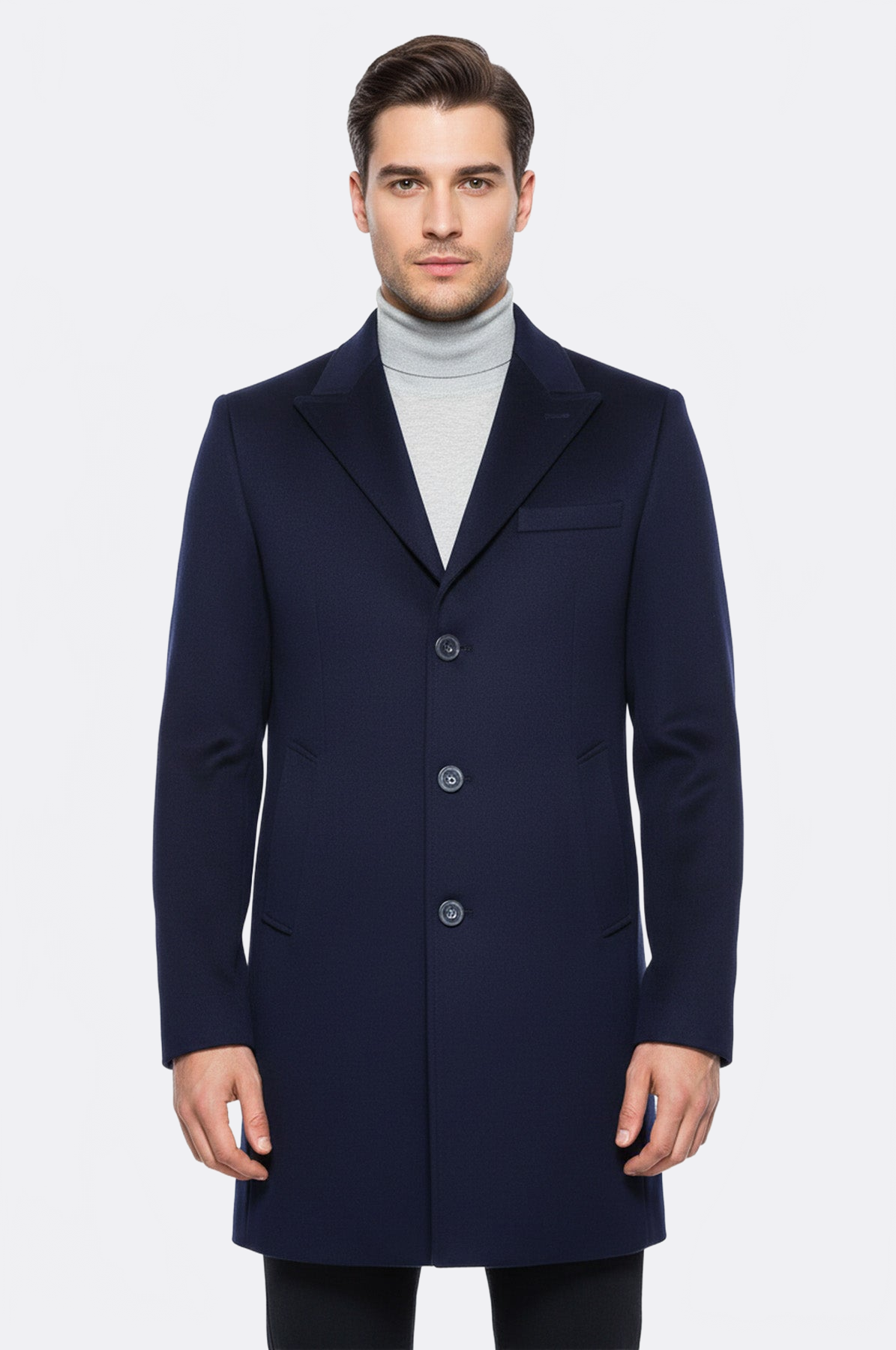 Wide Pointed Collar Over Knee Navy Blue Men Coat - Wessi