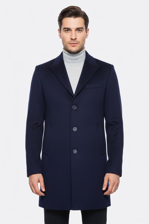 Wide Pointed Collar Over Knee Navy Blue Men Coat - Wessi