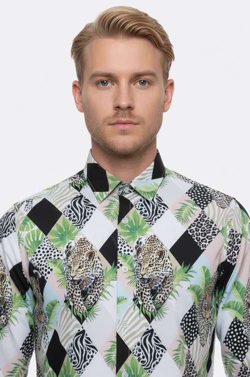 Leopard Pattern Long Sleeves Multicolor Men Shirt - Wessi