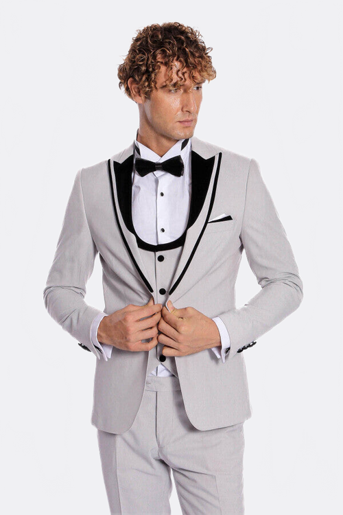 Velvet Lapel Vested Patterned Grey Men Tuxedo - Wessi