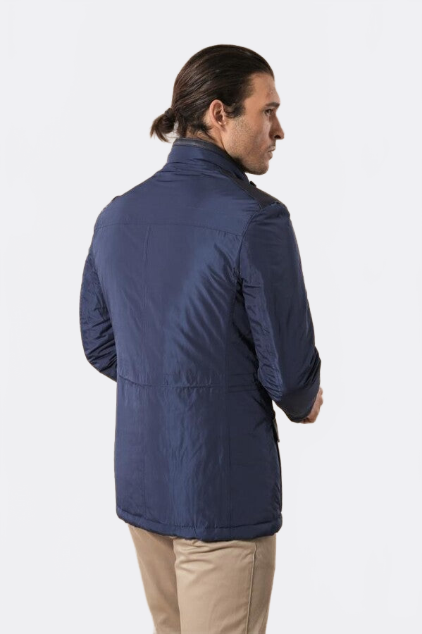 Leather Modeled Blue Slim Fit Quilted Jacket - Wessi