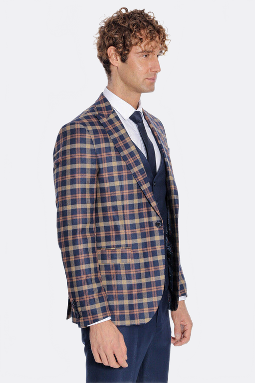 Checked Blazer Slim Fit Navy Blue Men Suit - Wessi