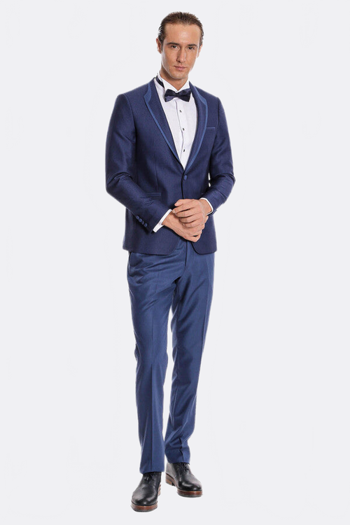 Dot Patterned Dark Blue Tuxedo - Wessi