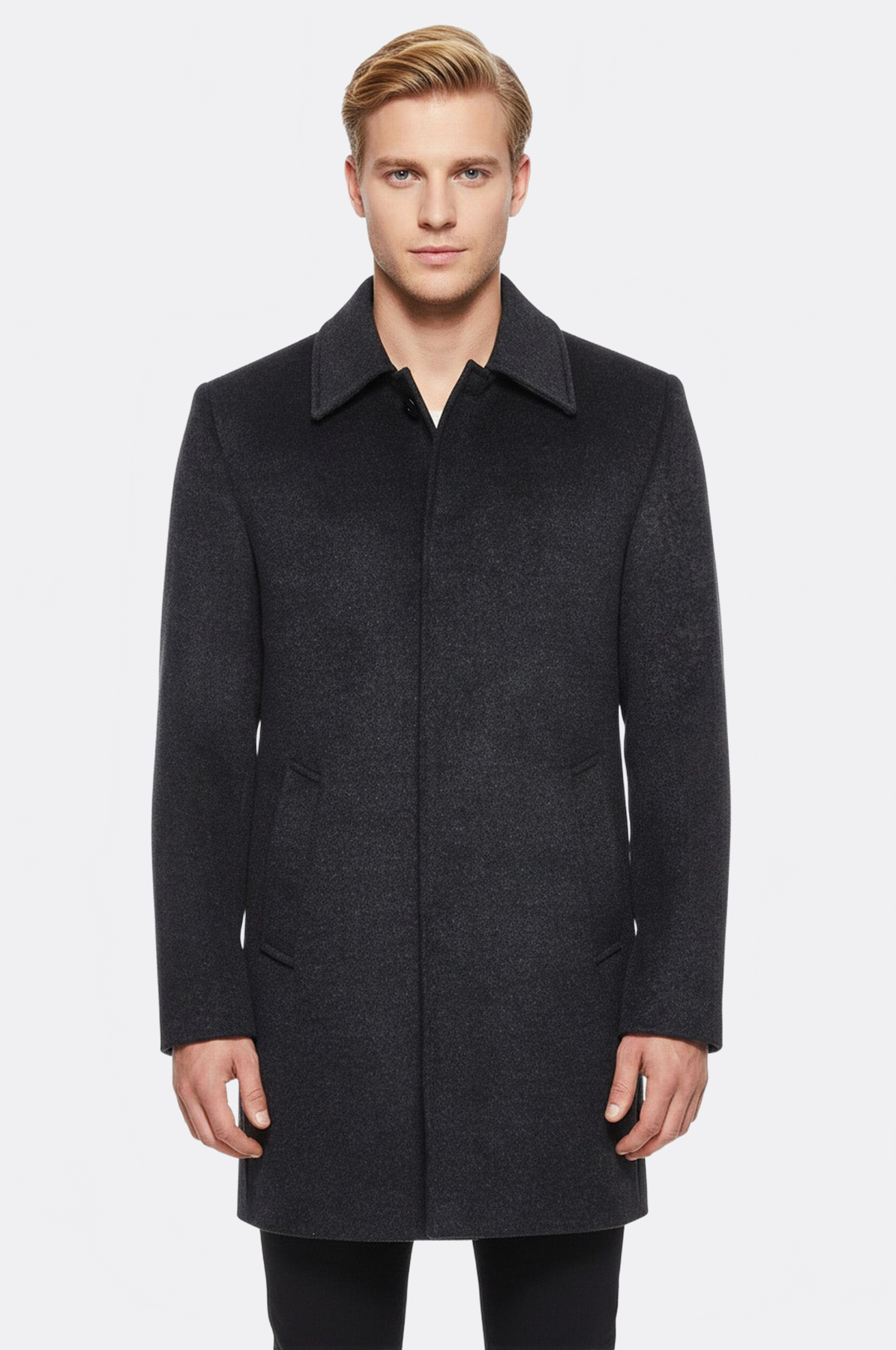 Dark Grey Hidden Button Peak Lapel Coat - Wessi