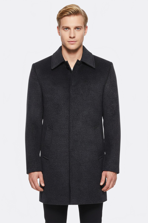 Dark Grey Hidden Button Peak Lapel Coat - Wessi