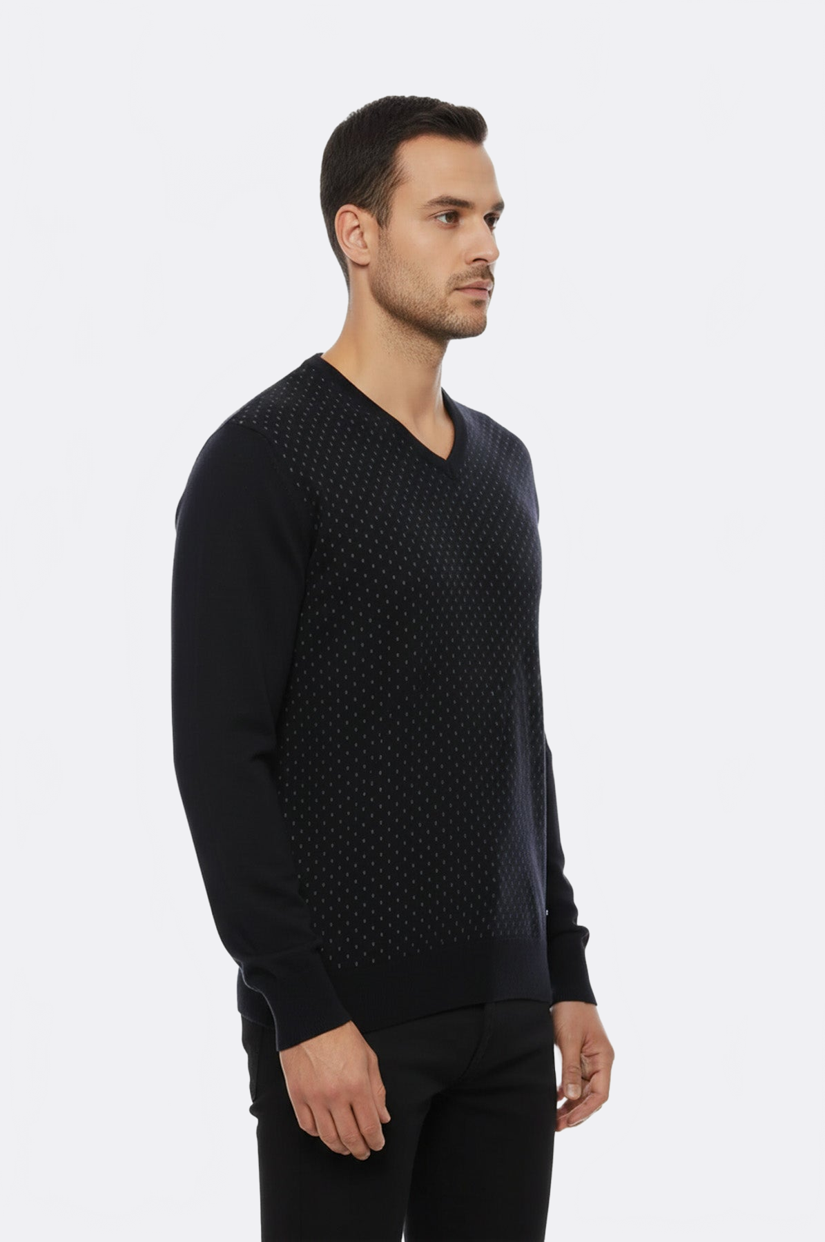 Dot Patterned V Neck Black Sweater - Wessi