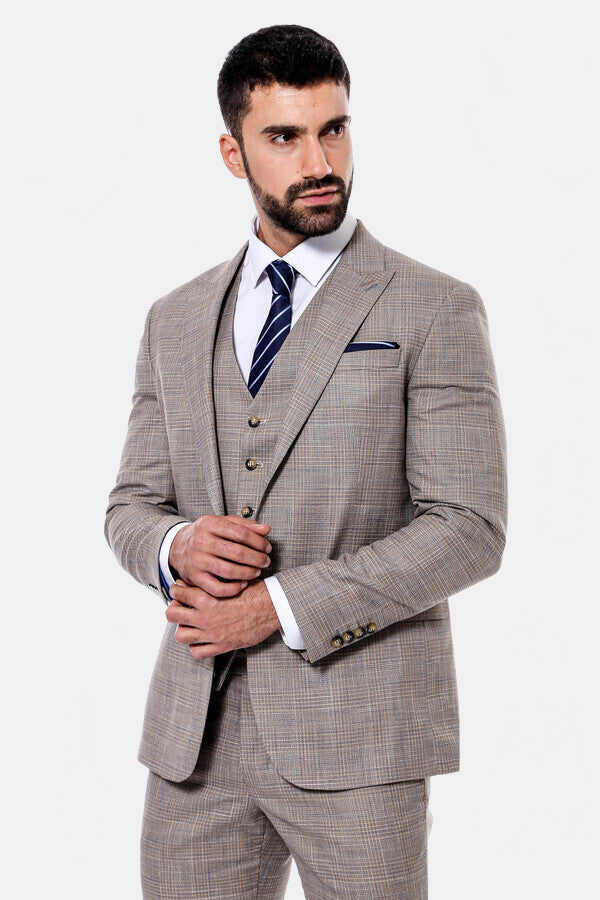 Patterned Vested Slim-Fit Beige Men’s Suit - Wessi