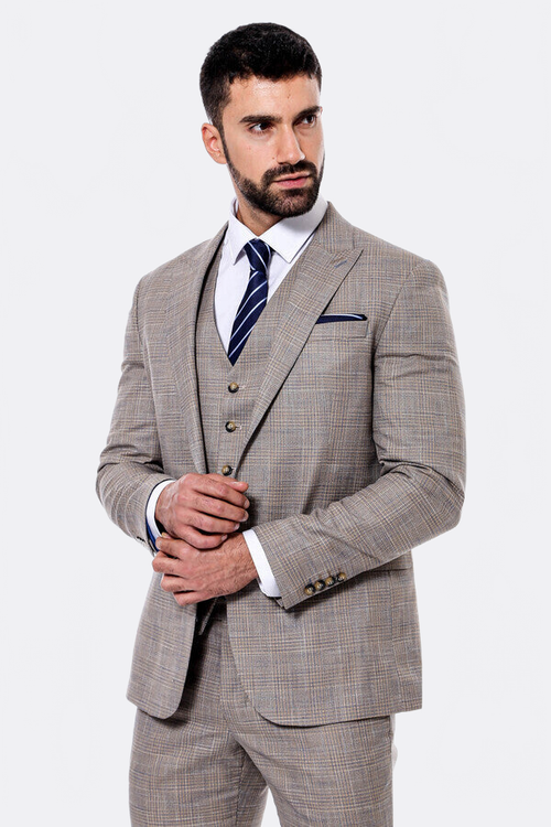Patterned Vested Slim-Fit Beige Men’s Suit - Wessi