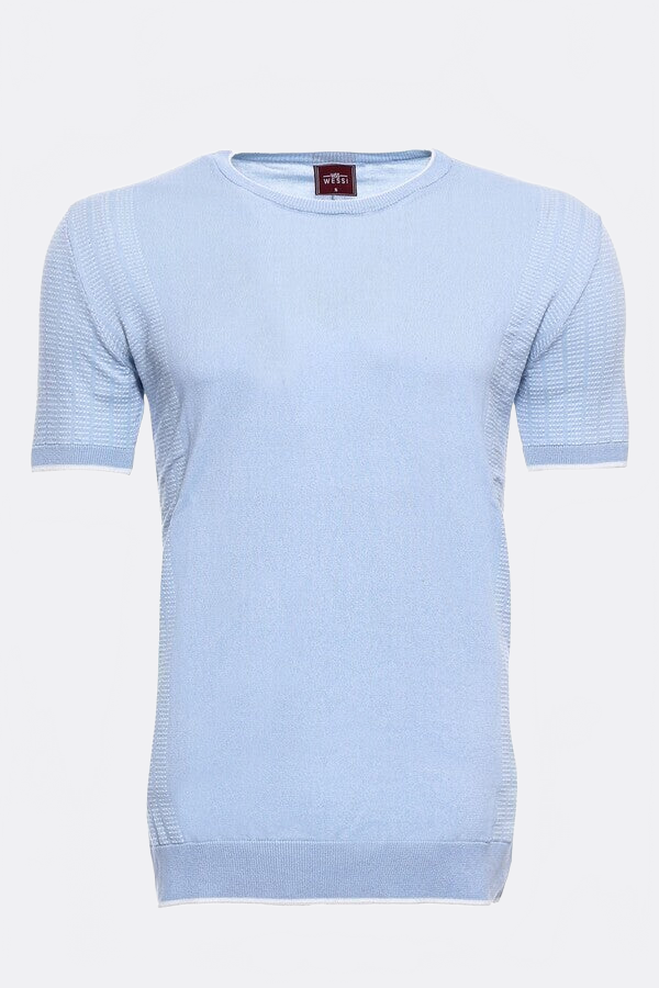 Circle Neck Patterned Blue Knitted T-Shirt - Wessi