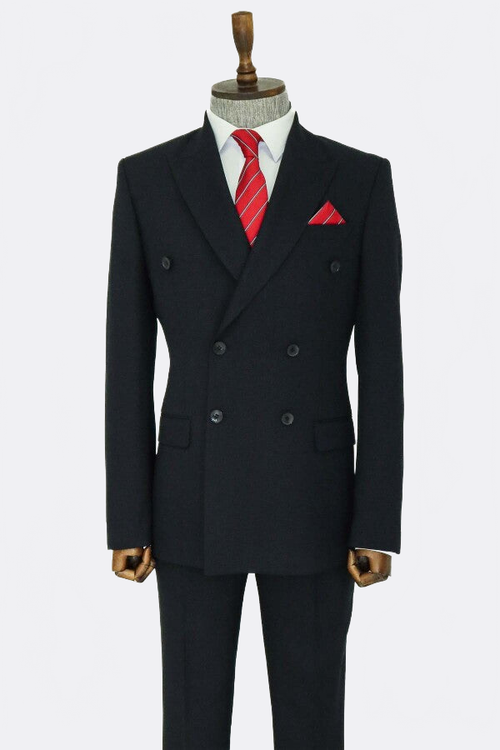 Wide Peak Lapel Patterned Double Breasted Black Men Suit  - Wessi