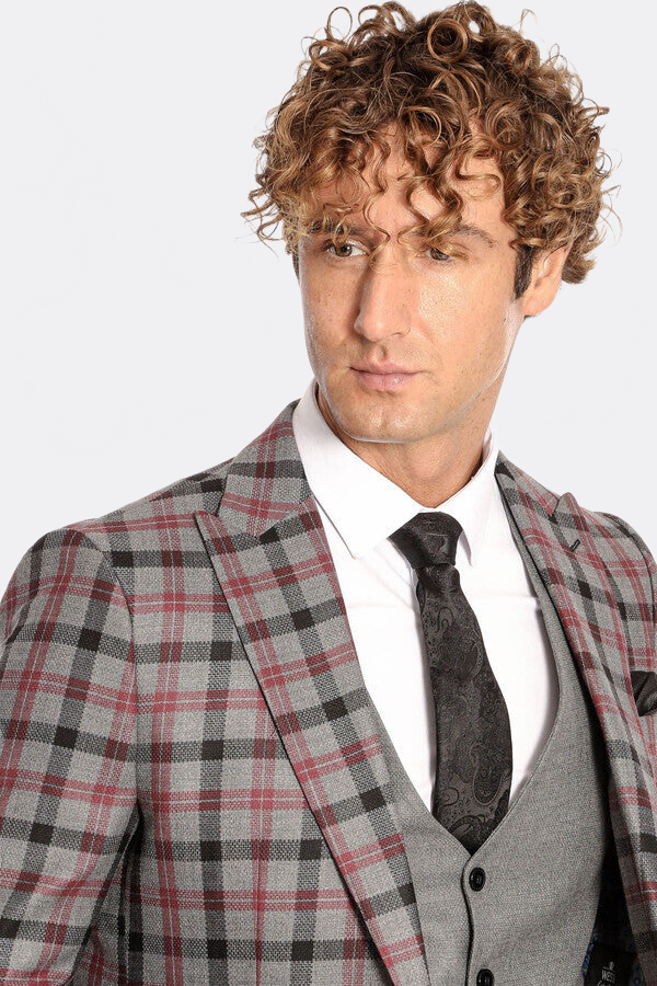 Checked Slim Fit Grey Men Suit - Wessi