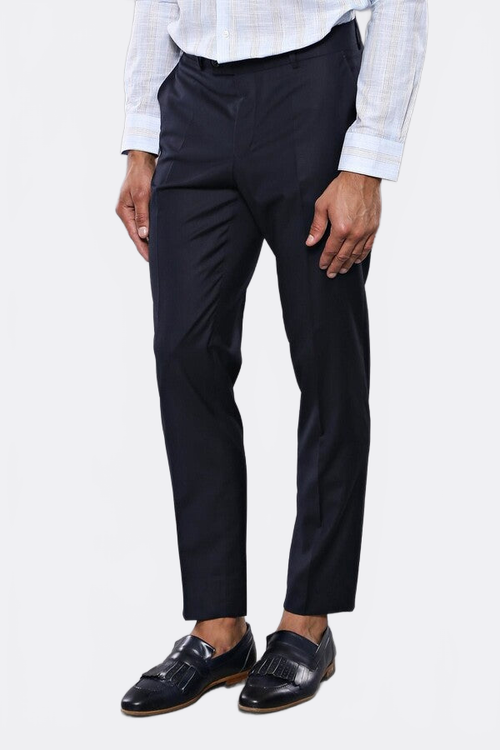 Slim Fit Plain Navy Blue Men Trousers - Wessi