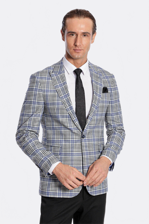Plaid Slim-Fit Blue Black Men Blazer - Wessi