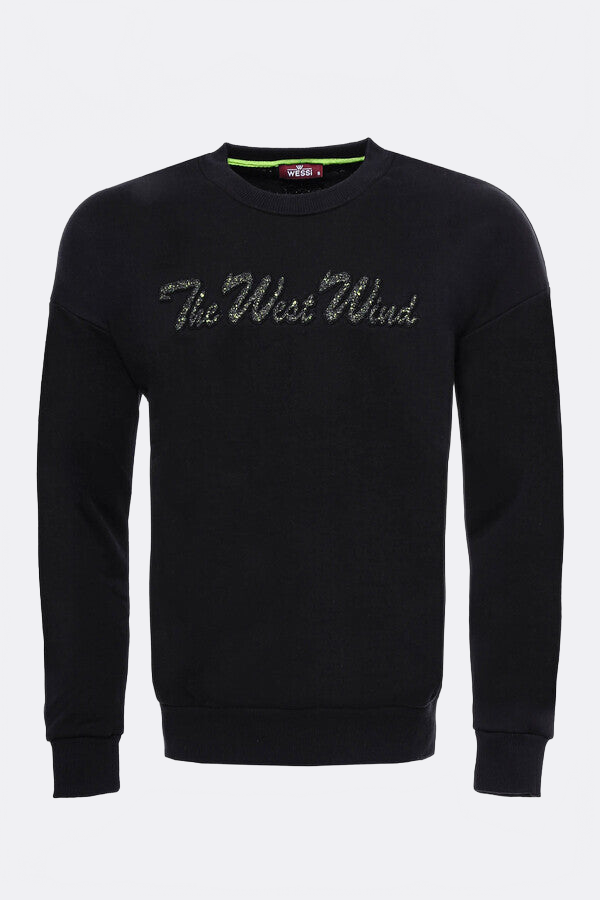 Circle Neck Black Front Printed Sweatshirt - Wessi