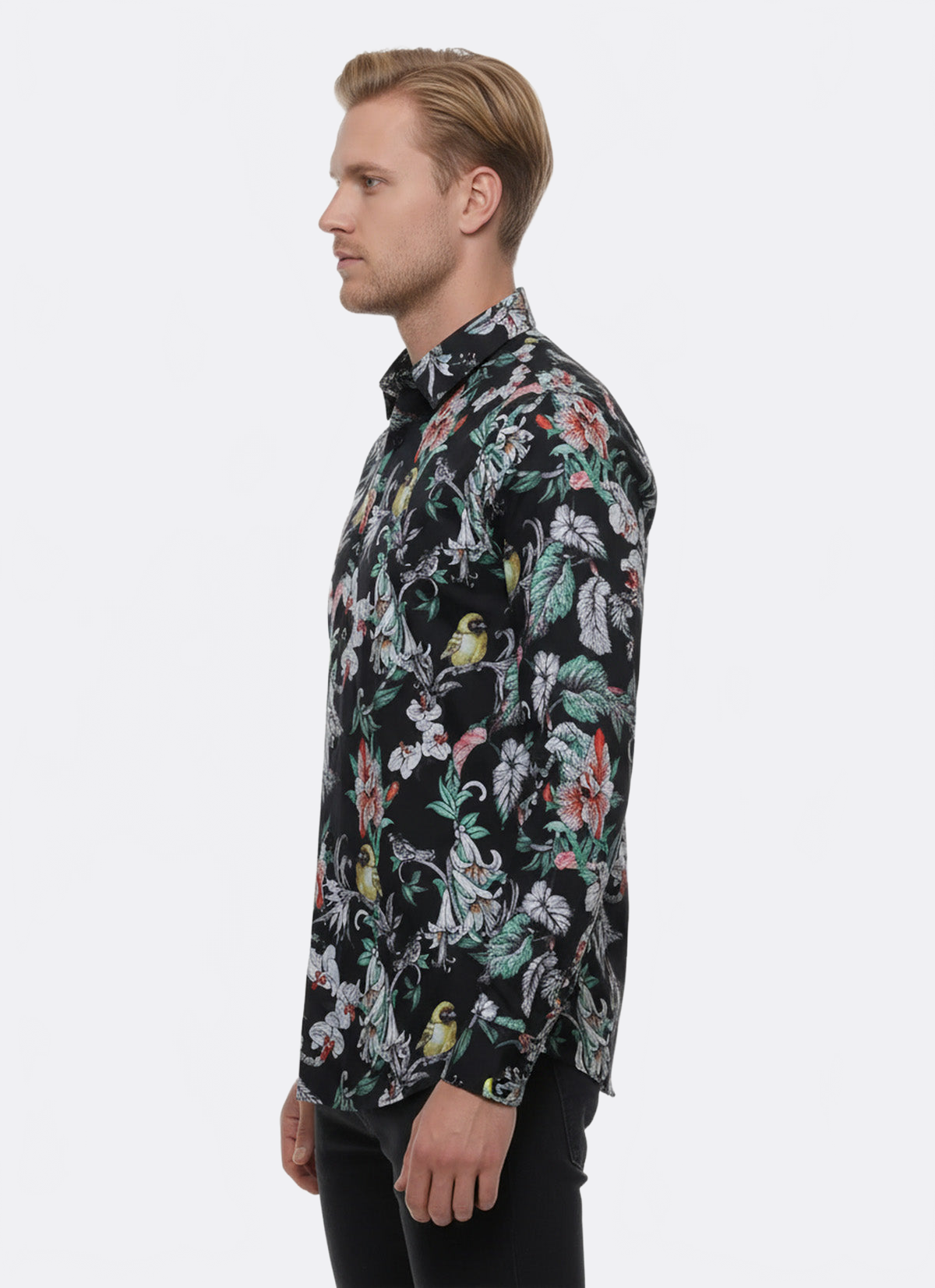 Floral Patterned Slim Fit Long Sleeves Black Men Shirt - Wessi