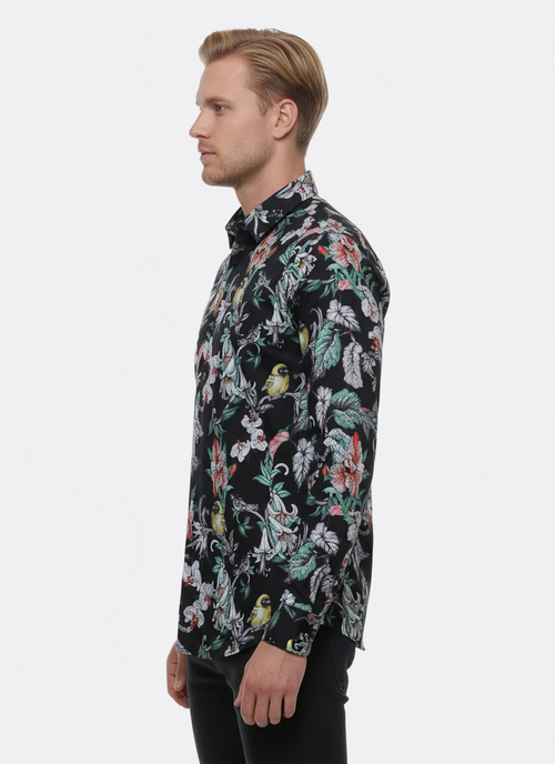 Floral Patterned Slim Fit Long Sleeves Black Men Shirt - Wessi