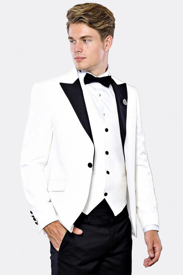 Peak Lapel 3 Piece White Tuxedo | Wessi