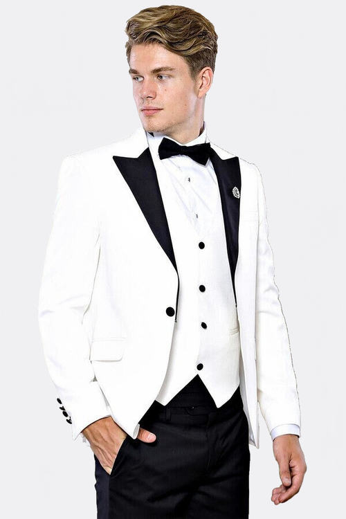 Peak Lapel 3 Piece White Tuxedo | Wessi