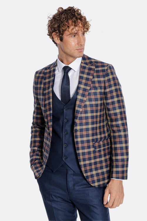 Checked Blazer Slim Fit Navy Blue Men Suit - Wessi