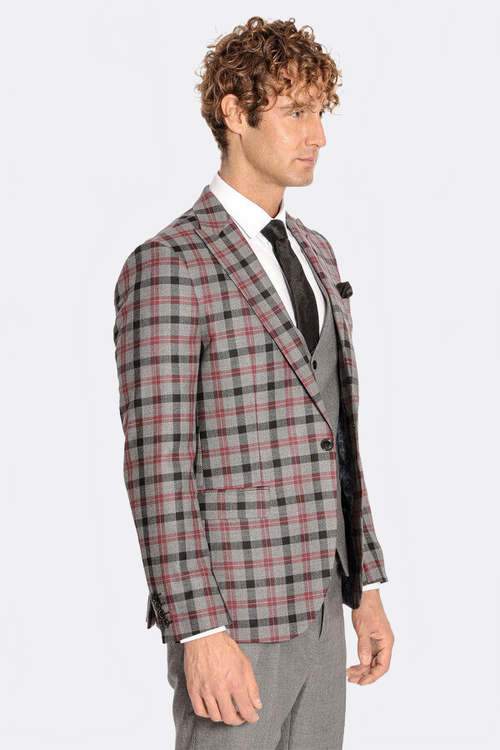 Checked Slim Fit Grey Men Suit - Wessi