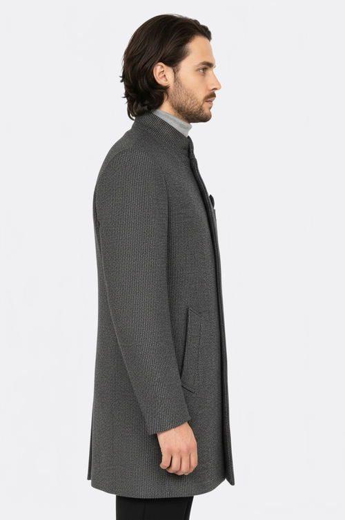 Standing Collar Patterned Grey Men Coat - Wessi