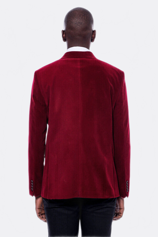 Wide Peak Lapel Velvet Burgundy Men Blazer - Wessi