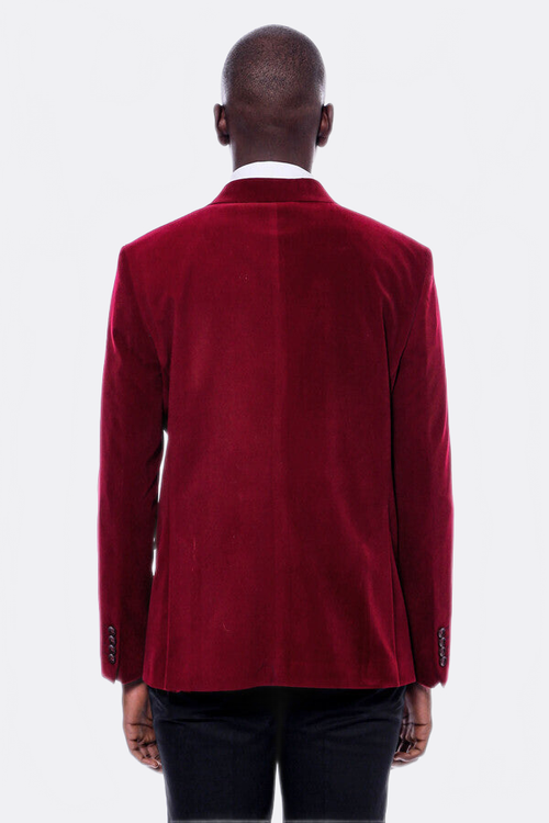 Wide Peak Lapel Velvet Burgundy Men Blazer - Wessi