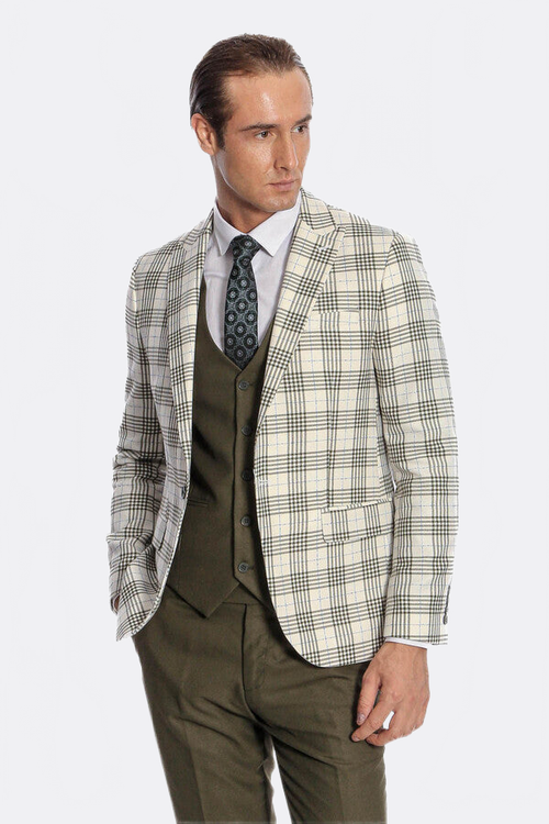 Checked Slim Fit Green Men Suit - Wessi