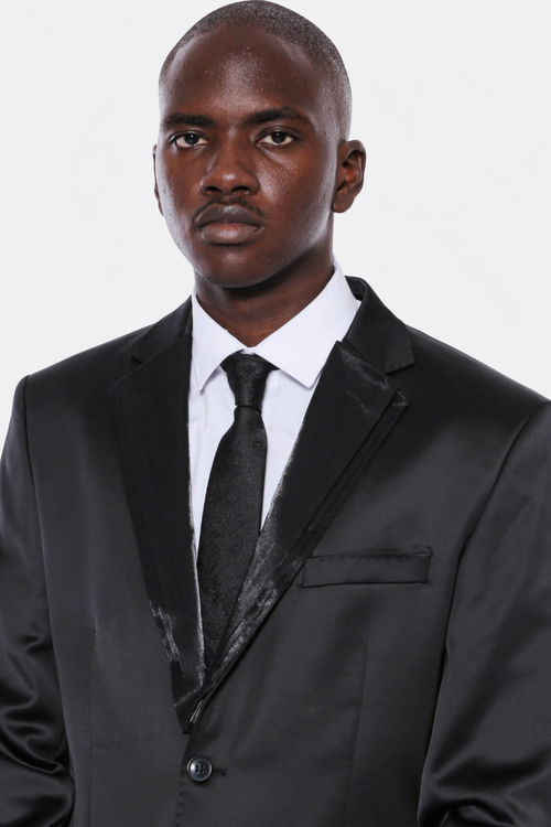Two Buttons Two Piece Shiny Black Men Suit - Wessi