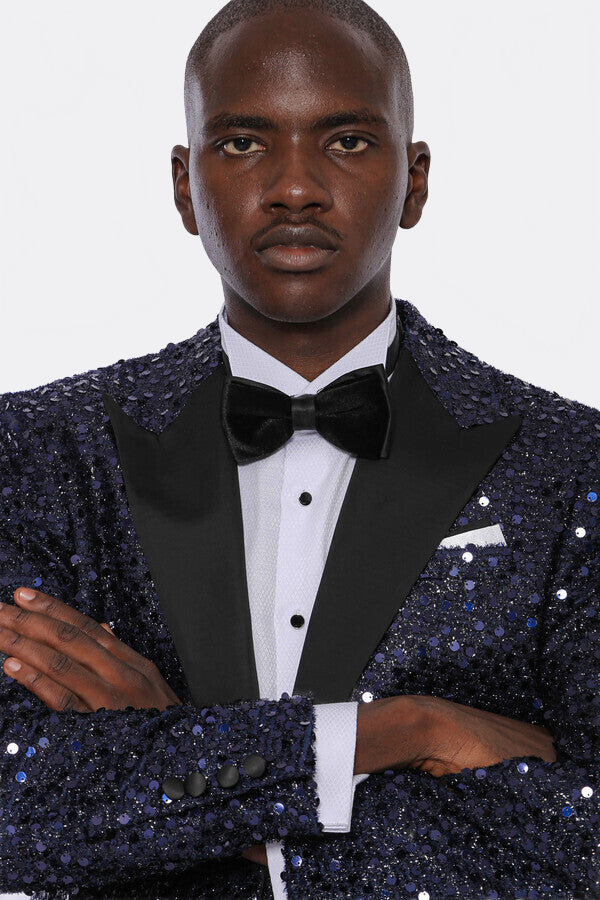 Navy Blue Sequin Patterned Party Blazer | Wessi
