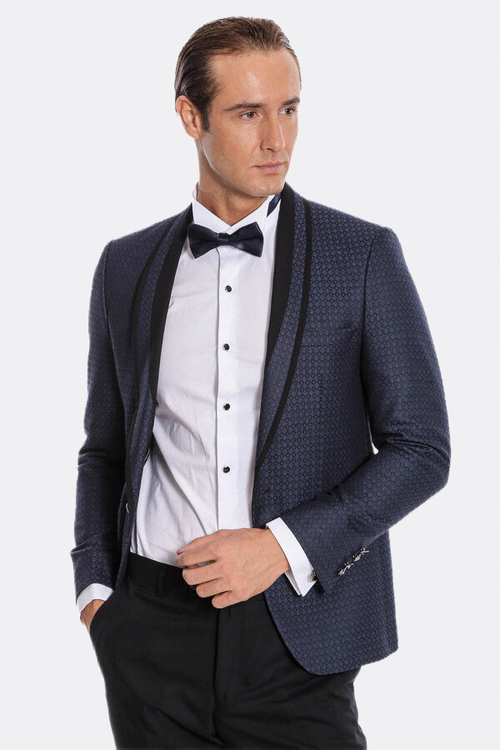 Shawl Lapel Patterned Slim Fit Navy Blue Tuxedo | Wessi