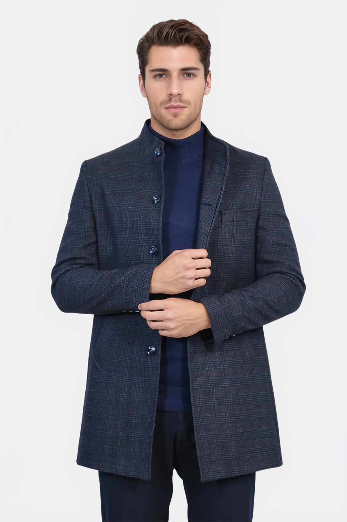 Standing Collar Checked Navy Blue Men Coat - Wessi