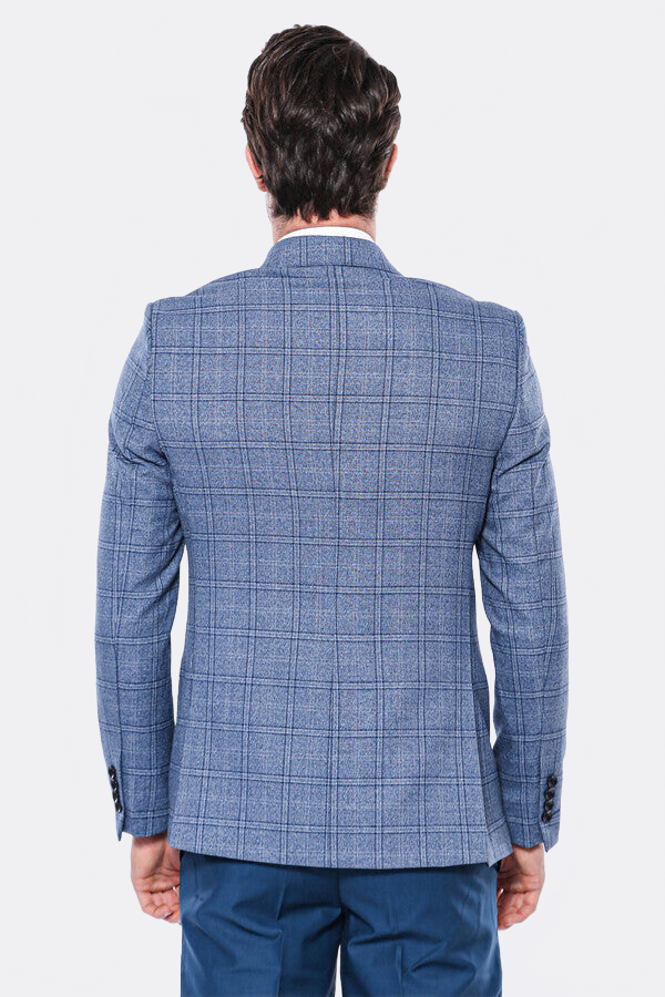 Checked Slim-Fit Single Button Blue Men Blazer - Wessi