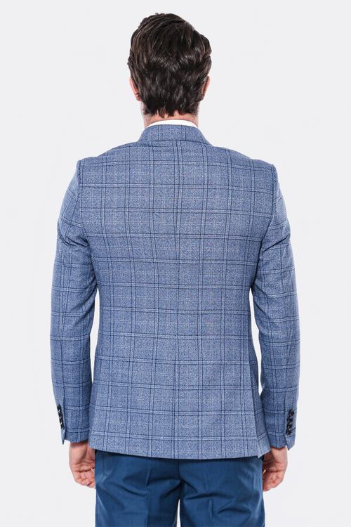 Checked Slim-Fit Single Button Blue Men Blazer - Wessi
