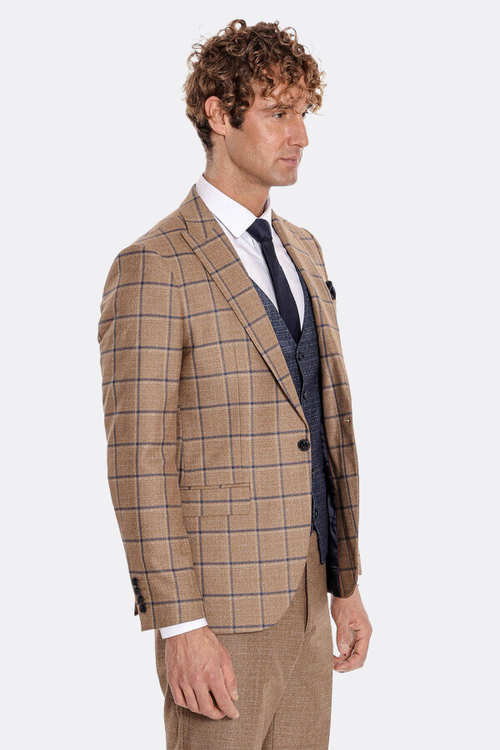 Slim Fit Checked Patterned Brown Men Suit - Wessi